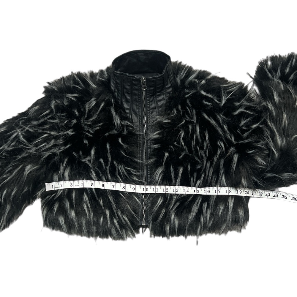 Punk Rave Gothic Black White Cropped Fur Jacket - Picture 11 of 15